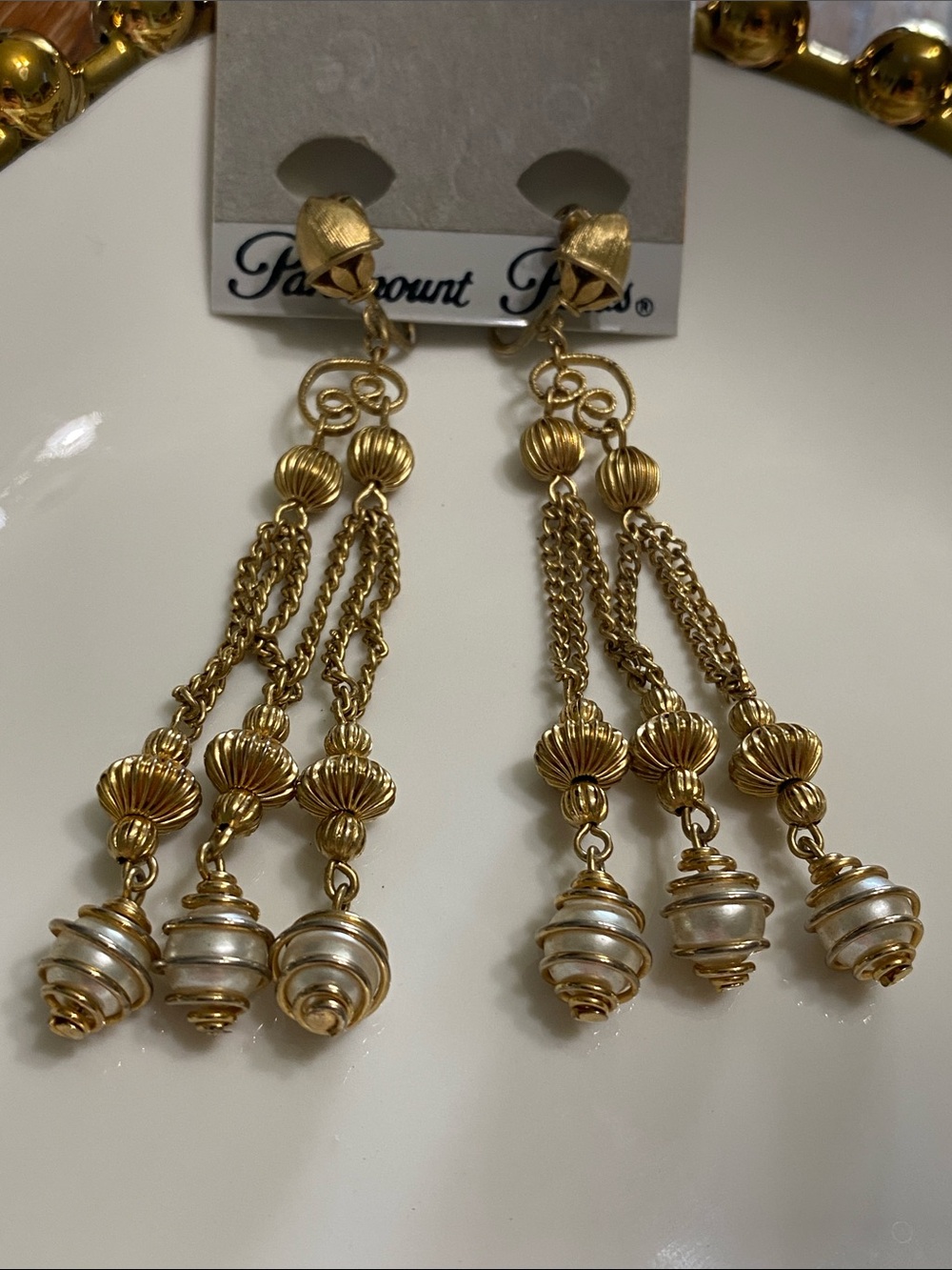 Coro Gold and White Dangle Earrings with Beaded Drops